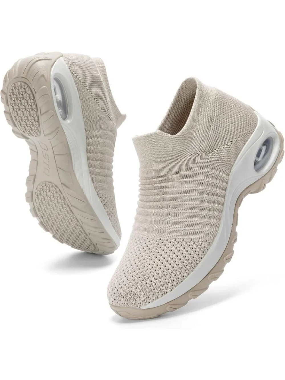 Women's Light Taupe Arch Support Non Slip Breathable Knit Upper Sneaker Shoes